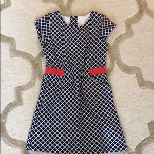 Navy and salmon knit dress with elastic waist.